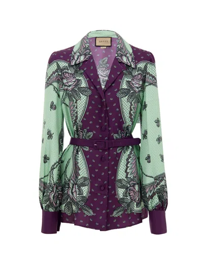 Gucci Silk Shirt With Green Print Menta And Viola  In Green