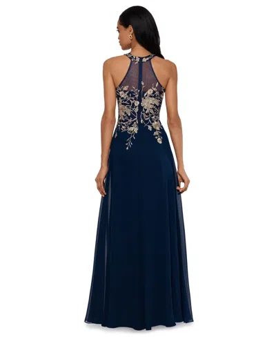 Betsy & Adam Petite Sleeveless Floral-applique Illusion Gown In Blue