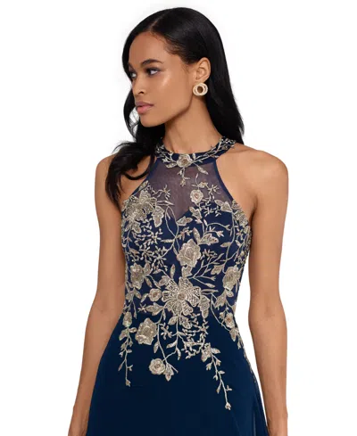 Betsy & Adam Petite Sleeveless Floral-applique Illusion Gown In Blue