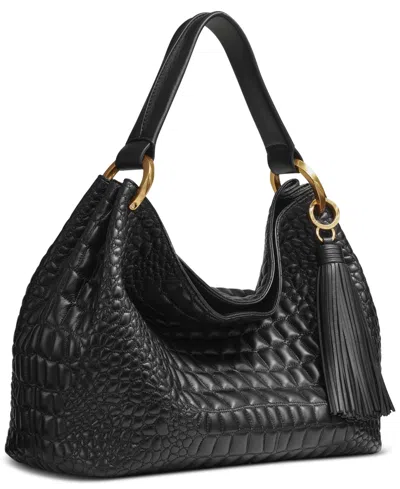 Donna Karan Glenwood Quilted Croc Shoulder With Tassel Detail In Black