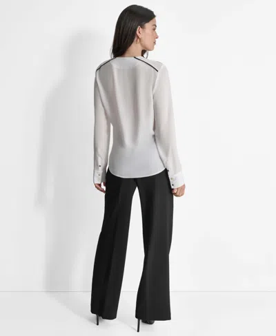 Dkny Women's Long Sleeve Trimmed Lapel Blouse, Regular & Petite In White