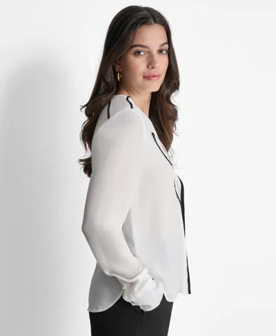 Dkny Women's Long Sleeve Trimmed Lapel Blouse, Regular & Petite In White