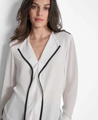 Dkny Women's Long Sleeve Trimmed Lapel Blouse, Regular & Petite In White