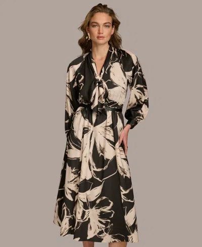 Donna Karan Women's Printed Tie-neck Midi Dress In Black