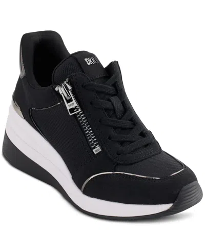 Dkny Kaden Lace-up Zip Wedge Sneakers In Black