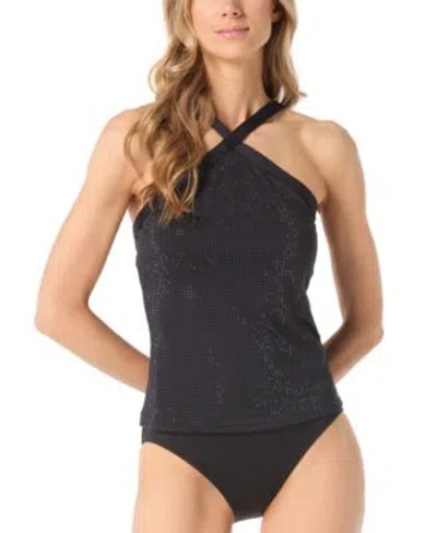 Michael Kors Michael  Womens Studded High Neck Tankini Top Hipster Bikini Bottoms In Black