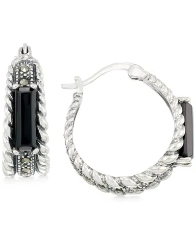 Macy's Onyx (3-1/2 X 9-1/2mm) & Marcasite Hoop Earrings In Sterling Silver In Metallic