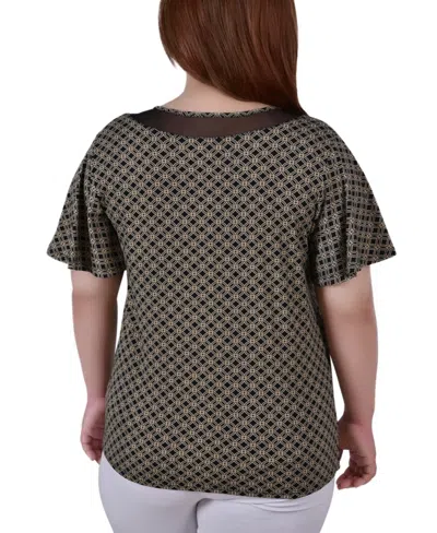 Ny Collection Plus Size Short Sleeve Knit Top With Sheer Inset In Brown