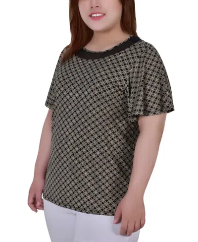 Ny Collection Plus Size Short Sleeve Knit Top With Sheer Inset In Brown