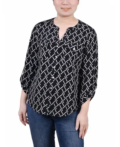 Ny Collection Women's 3/4 Roll Tab Sleeve Mandarin Collar Blouse In Black