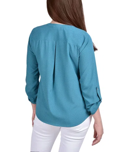 Ny Collection Women's 3/4 Roll Tab Sleeve Mandarin Collar Blouse In Blue