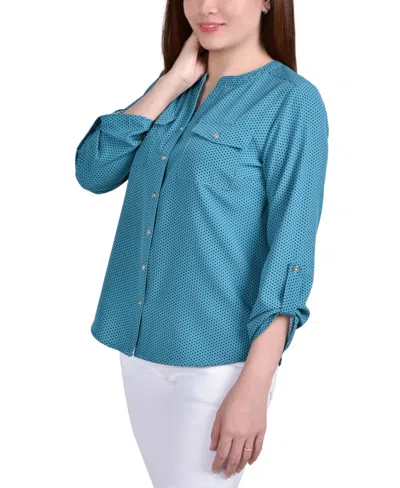 Ny Collection Women's 3/4 Roll Tab Sleeve Mandarin Collar Blouse In Blue