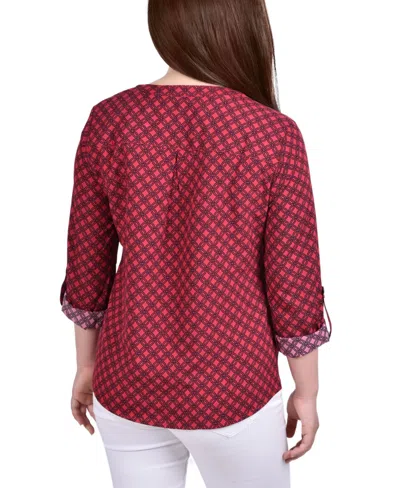 Ny Collection Women's 3/4 Roll Tab Sleeve Mandarin Collar Blouse In Red