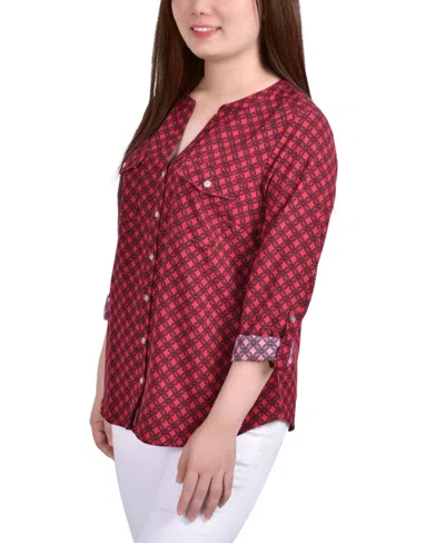 Ny Collection Women's 3/4 Roll Tab Sleeve Mandarin Collar Blouse In Red