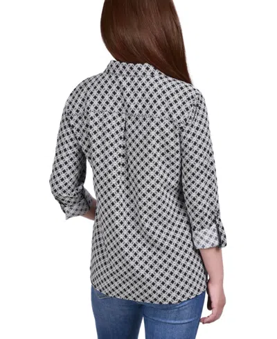 Ny Collection Petite 3/4 Sleeve Roll Tab Notch Collar Blouse In Black