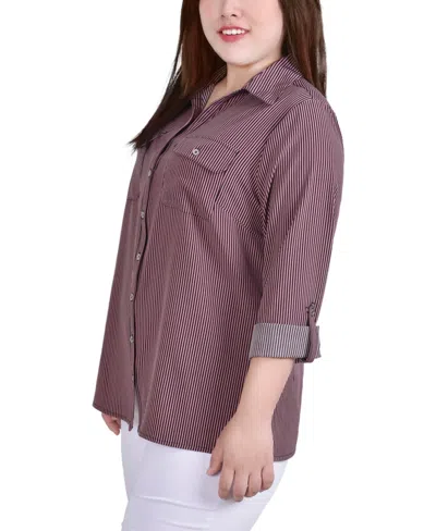 Ny Collection Plus Size 3/4 Sleeve Roll Tab Notch Collar Blouse In Brown