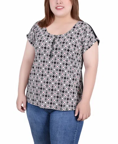 Ny Collection Plus Size Short Sleeve Half Zip Knit Top In Multi