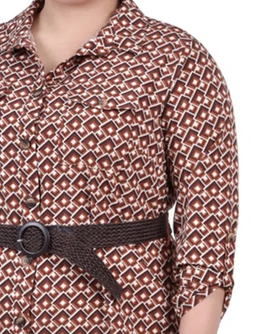 Ny Collection Plus Size 3/4 Roll Tab Sleeve Shirtdress In Gold