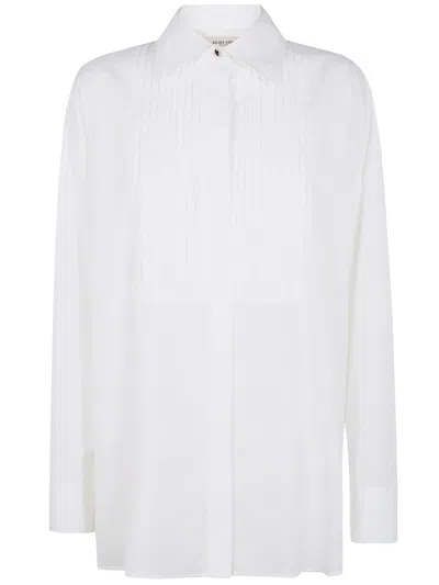Golden Goose Oversized White Cotton Shirt With Pleated Bib And Jewel Buttons In White