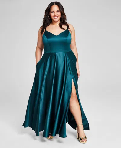 B Darlin Trendy Plus Size Satin Sleeveless Gown In Blue