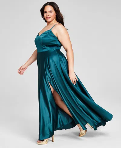 B Darlin Trendy Plus Size Satin Sleeveless Gown In Blue