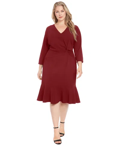 London Times Plus Size Side-knot 3/4-sleeve Dress In Brown