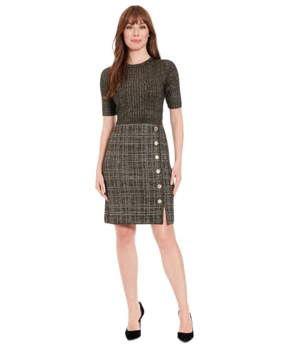 London Times Petite Metallic Rib-knit Tweed Sheath Dress In Gray