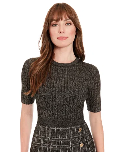London Times Petite Metallic Rib-knit Tweed Sheath Dress In Gray