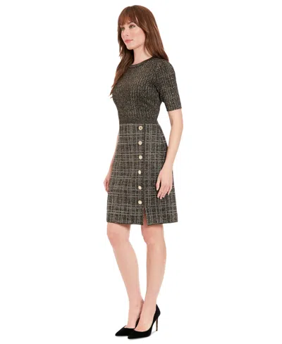 London Times Petite Metallic Rib-knit Tweed Sheath Dress In Gray