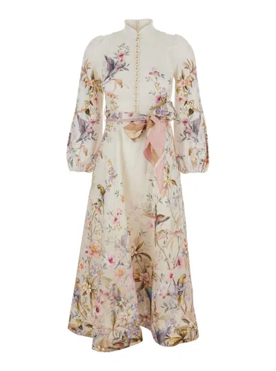 Zimmermann Rebellion Multicolor Midi Dress With Bow Detail On The Front And All-over Floral Print In Linen Woma In Multi