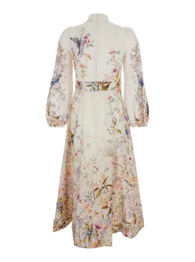 Zimmermann Rebellion Multicolor Midi Dress With Bow Detail On The Front And All-over Floral Print In Linen Woma In Multi