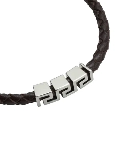 Versace Black Bracelet With Metal Plate And Pendant Detail In Leather Man In Black