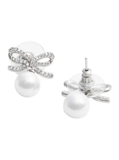 Self-portrait Earrings With Bow And Pearls In Metallic