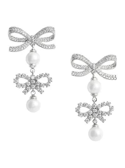 Self-portrait Double Bow Pearl Earrings In Metallic
