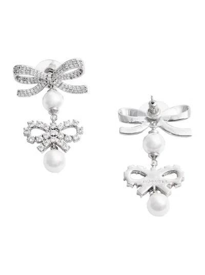Self-portrait Double Bow Pearl Earrings In Metallic