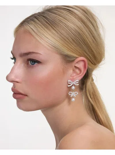 Self-portrait Double Bow Pearl Earrings In Metallic