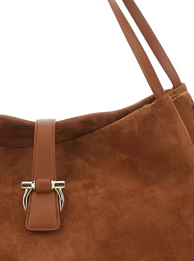 Ferragamo Brown Shoulder Bag With Two Top Handles And Gancini Plaque On The Front In Suede Woman In Brown