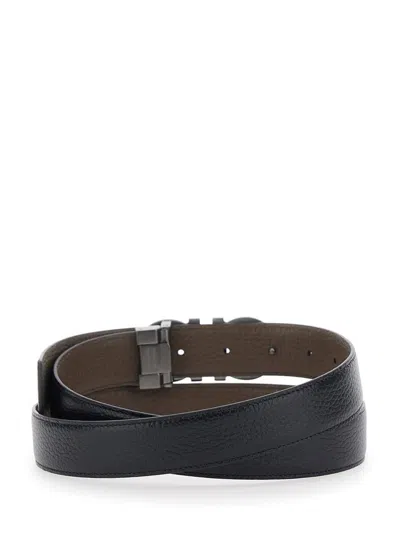 Ferragamo Black Reversible Belt With Gancini Buckle In Hammered Leather Man