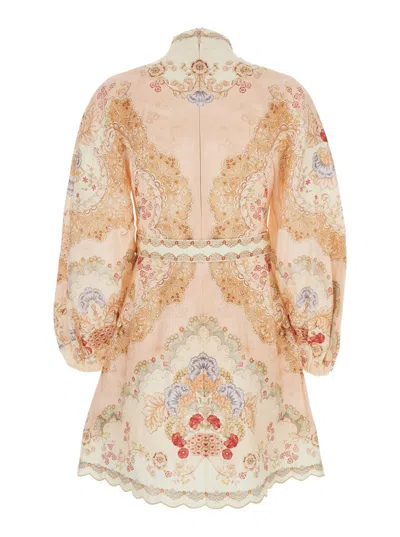 Zimmermann Daylight Multicolor Midi Dress With Long Puffed Sleeves And All-over Floral Print In Linen Woman In Multi