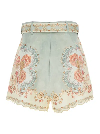 Zimmermann Womens Wallpaper Floral Mint Daylight Tuck Belted Linen Shorts In Blue
