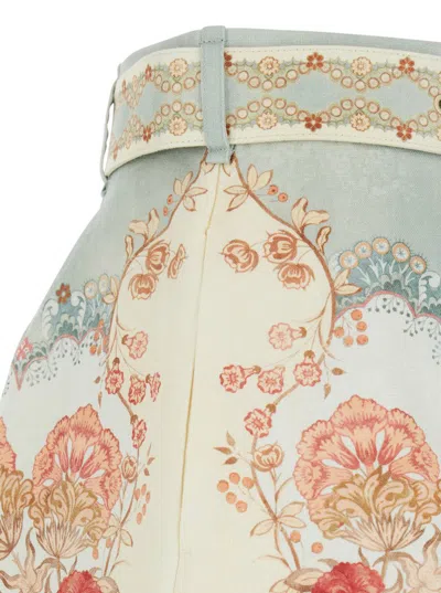 Zimmermann Womens Wallpaper Floral Mint Daylight Tuck Belted Linen Shorts In Blue