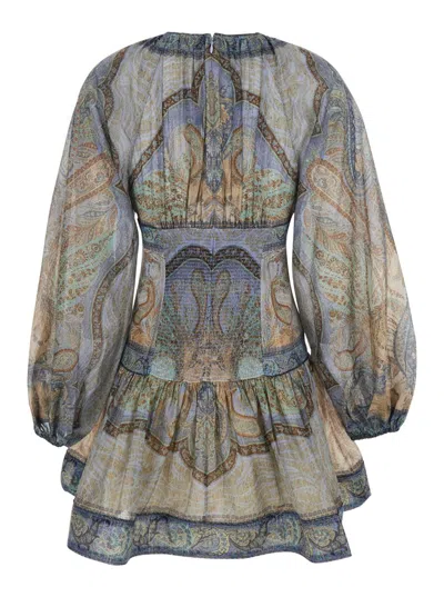 Zimmermann Wanderlust Multicolor Crewneck Mini Dress With Puffed Long Sleeves And All-over Print In Cotton And  In Multi