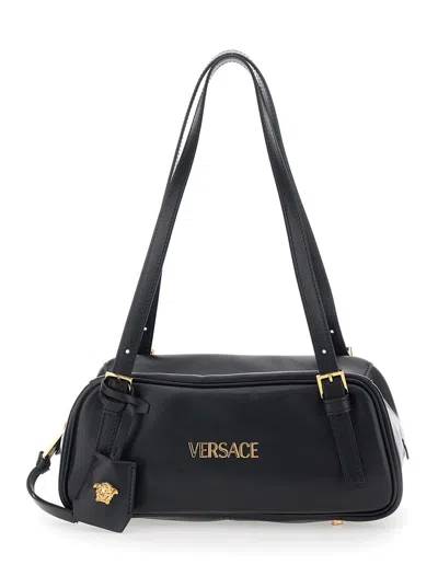 Versace Tag Bowling Black Shoulder Bag With Metallic Logo Lettering And Medusa Head Pendant In Leather Woman In Black