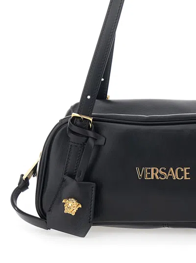 Versace Tag Bowling Black Shoulder Bag With Metallic Logo Lettering And Medusa Head Pendant In Leather Woman In Black