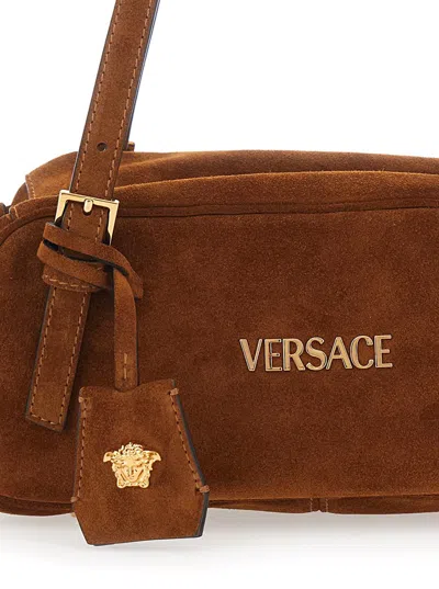 Versace Shoulder Bag Suede Finish Double Handles In Brown
