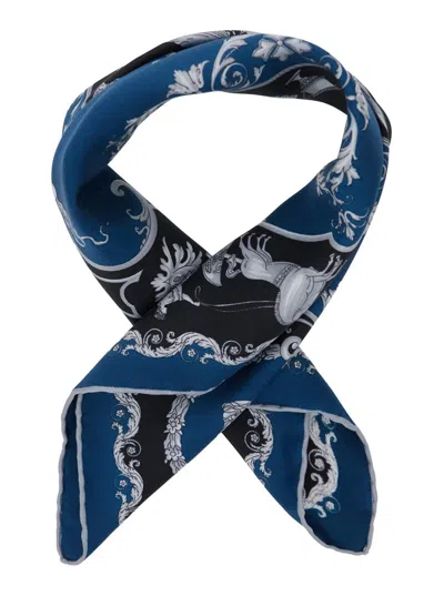 Versace Blue Scarf With Geometric Pattern And Logo Lettering Print In Silk Man In Blue