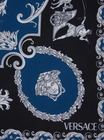 Versace Blue Scarf With Geometric Pattern And Logo Lettering Print In Silk Man In Blue