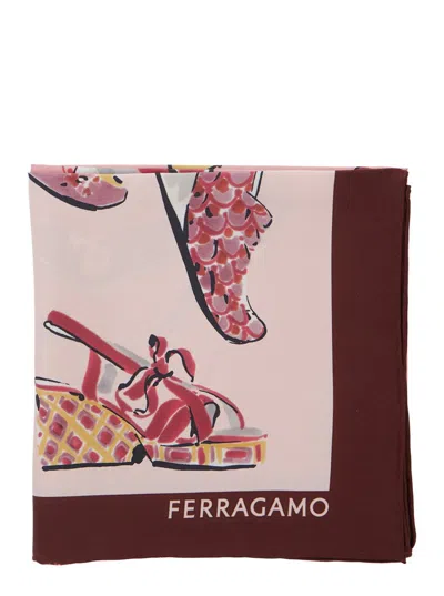 Ferragamo Multicolor Scarf With All-over Print And Logo Lettering In Silk Woman In Pink