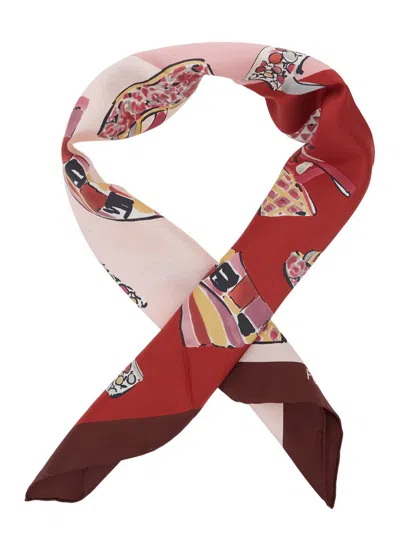 Ferragamo Multicolor Scarf With All-over Print And Logo Lettering In Silk Woman In Pink