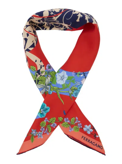 Ferragamo Red Scarf With Floral Print And Logo Lettering In Silk Woman In Red